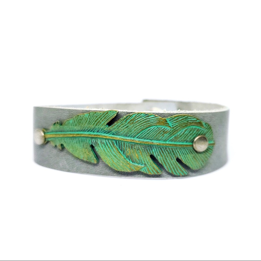 Thin Leather Feather Bracelet - GREY